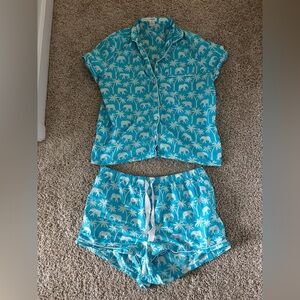 J. Crew Blue Elephant and Palm Print PJ Set